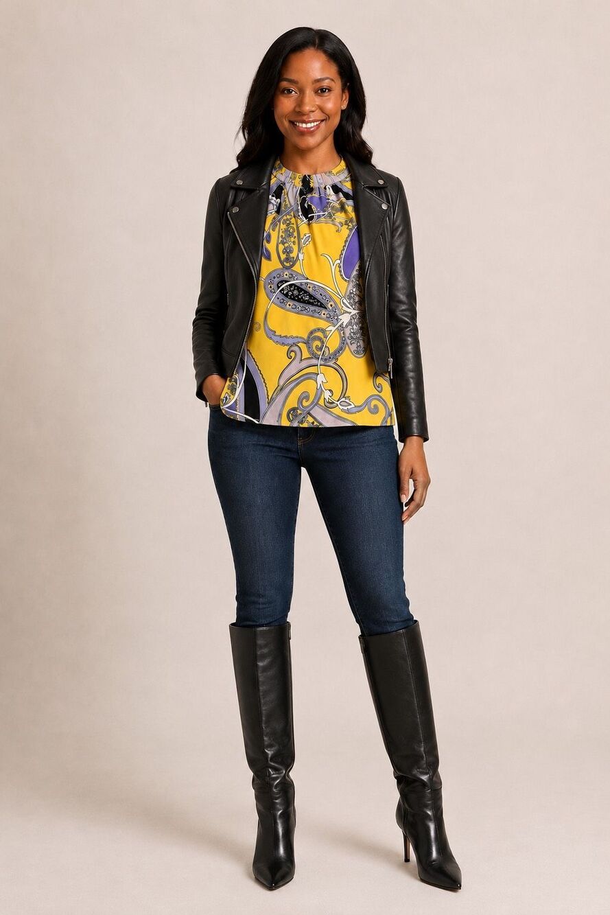 Tahari Yellow Paisley Halter Blouse XS Black Bow Tie Keyhole Back  Sleeveless To